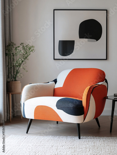 Living room at home. Modern Scandinavian contemporary interior with colorful armchairs to accentuate the Scandinavian interior. Generative AI
