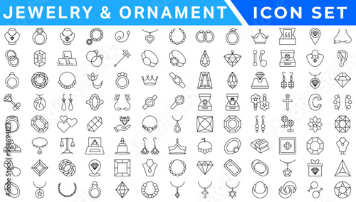 Jewelry line icon set. Included icons as gems, gemstones, jewel, accessories, ring and more.