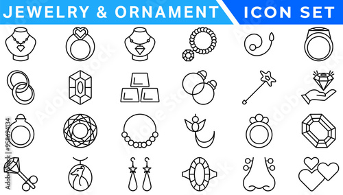 Jewelry line icon set. Included icons as gems, gemstones, jewel, accessories, ring and more.