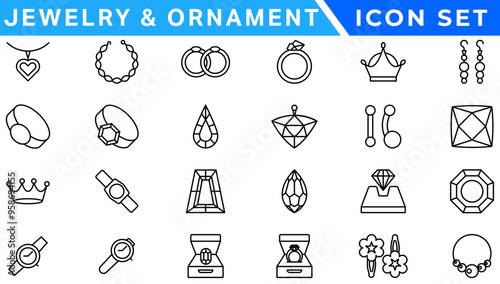 Jewelry line icon set. Included icons as gems, gemstones, jewel, accessories, ring and more.
