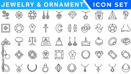 Jewelry line icon set. Included icons as gems, gemstones, jewel, accessories, ring and more.