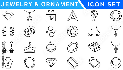 Jewelry line icon set. Included icons as gems, gemstones, jewel, accessories, ring and more.