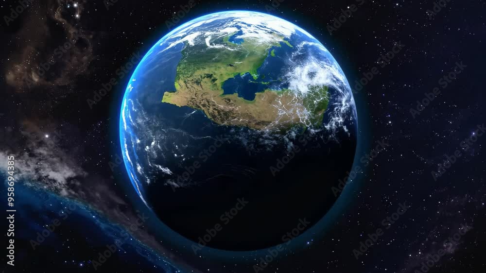 A breathtaking, high-resolution image of Earth from space highlights vibrant oceans and diverse landmasses, surrounded by clouds and a starry galaxy, ideal for educational and environmental projects.