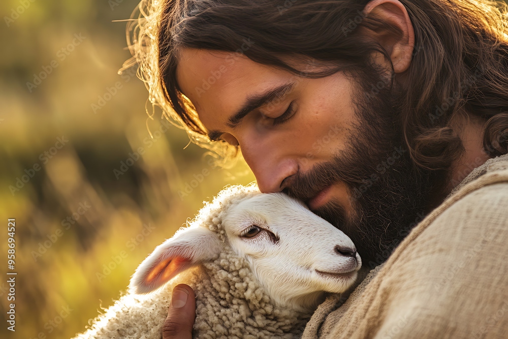  An intimate close-up of Jesus Christ gently holding a small lamb to His chest, symbolizing care, compassion, and spiritual guidance
