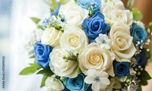 Closeup of a White and Blue Bridal Bouquet
