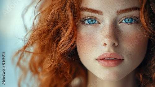 Generative AI illustration of young beautiful woman model with curly red hair and blue eyes posing looking at camera against blurred background