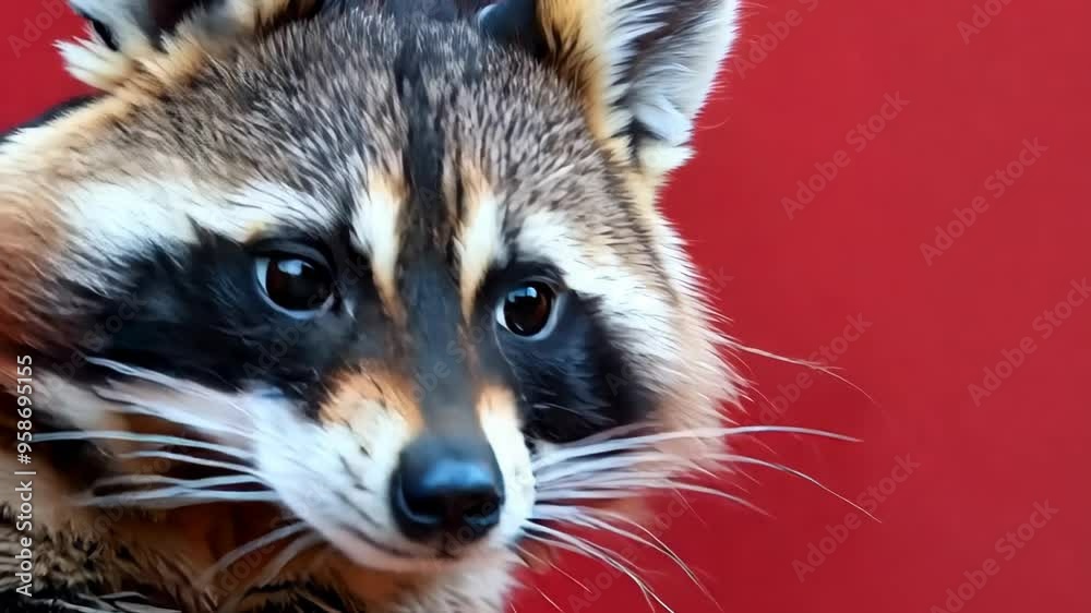 A playful raccoon peers around a vibrant red backdrop, showcasing its distinct facial markings and fur texture. A playful raccoon peers around a vibrant red backdrop, showcasing its distinct facial markings and fur texture.