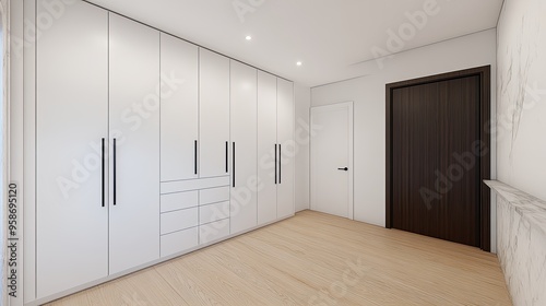 A warm, inviting hallway showcases white cabinets with black hardware and light wood floors, providing ample storage for shoes and small items. The design creates a cozy atmosphere