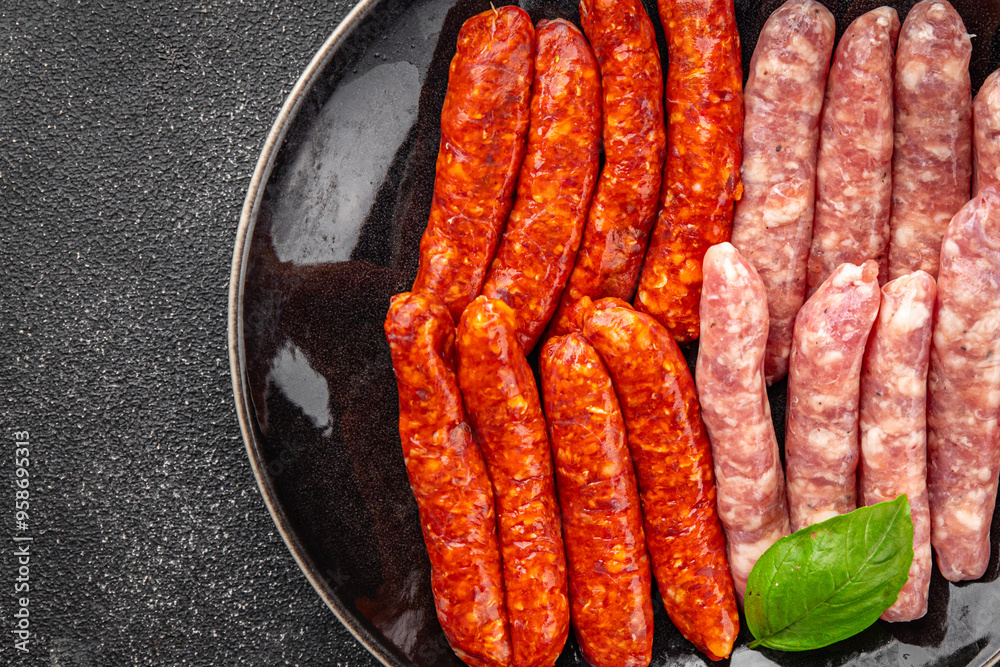 raw sausages beef, pork, chicken, lamb, dish fresh delicious gourmet food background on the table rustic food top view copy space raw sausages beef, pork, chicken, lamb, dish fresh delicious gourmet food background on the table rustic food top view copy space