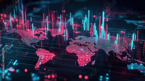 Global Crisis Chart Concept, Abstract double exposure of global crisis chart on holographic world map background. Ai generated photo