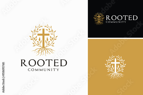 Nature Wild Vines Plant Flower with Rooted Christian Cross Crucifix for Church Community logo design 
