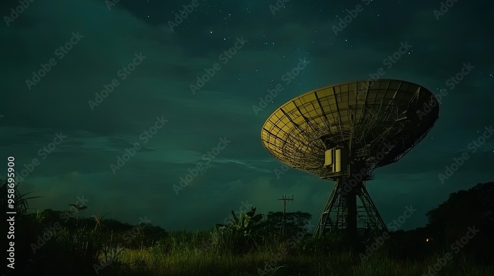 A large satellite dish stands tall against a backdrop of a starry night sky. A large satellite dish stands tall against a backdrop of a starry night sky.
