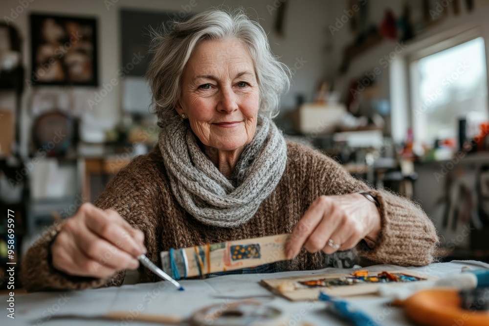 Fototapeta premium An elderly woman meticulously crafting at her workbench, surrounded by an array of tools and supplies in a cozy, well-organized workshop, reflecting creativity and peace.