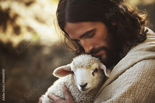  An intimate close-up of Jesus Christ gently holding a small lamb to His chest, symbolizing care, compassion, and spiritual guidance