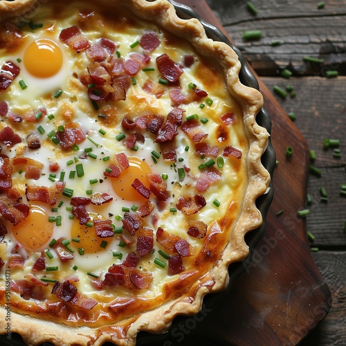 Quiche Lorraine - A savory tart with a custard filling of cream, eggs, bacon, and cheese. photo