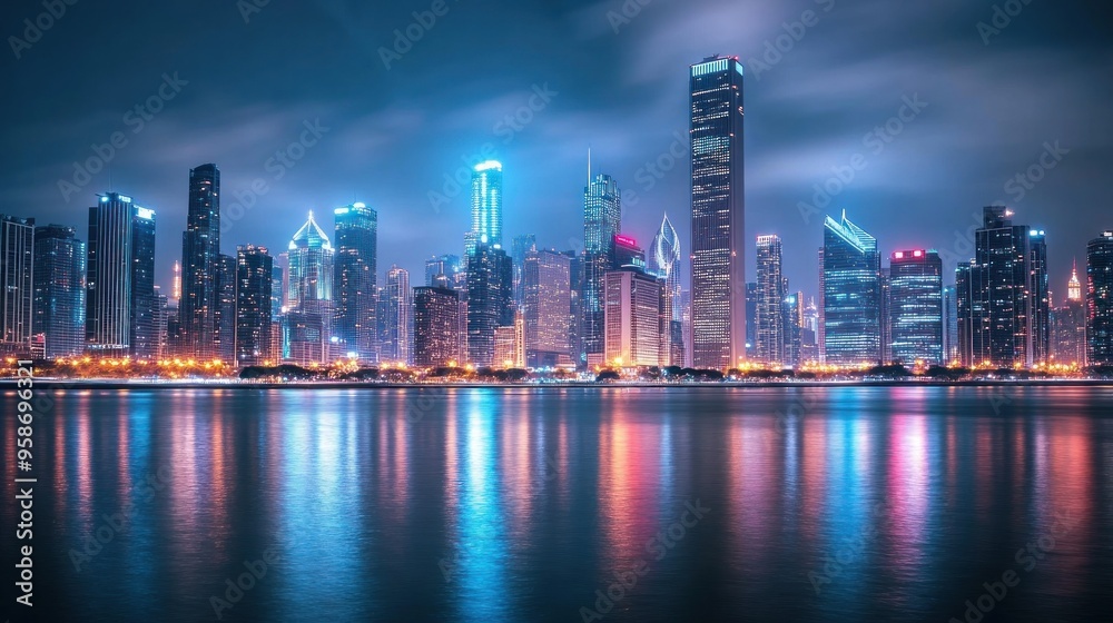 Fototapeta premium Chicago Skyline at Night with City Lights Reflecting in Water
