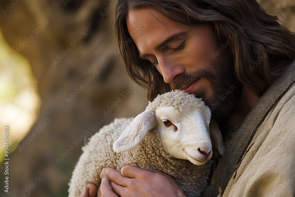 An intimate close-up of Jesus Christ gently holding a small lamb to His chest, symbolizing care, compassion, and spiritual guidance An intimate close-up of Jesus Christ gently holding a small lamb to His chest, symbolizing care, compassion, and spiritual guidance