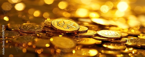 A close-up view of shiny gold coins scattered on a reflective surface, creating a rich and luxurious ambiance.