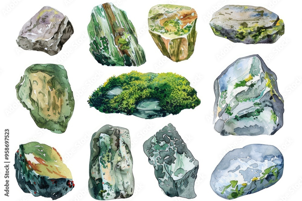 Nature's Collection: Watercolor Illustration of Hand-Drawn Stones in a Forest Setting Nature's Collection: Watercolor Illustration of Hand-Drawn Stones in a Forest Setting