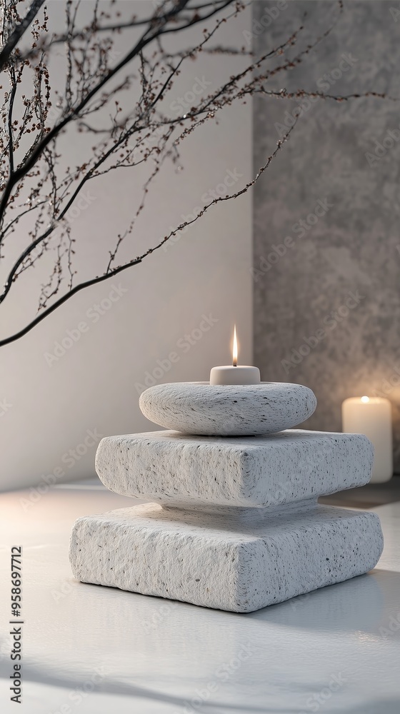 A tranquil arrangement of stacked stones with a candle on top in a modern, minimalist indoor setting A tranquil arrangement of stacked stones with a candle on top in a modern, minimalist indoor setting