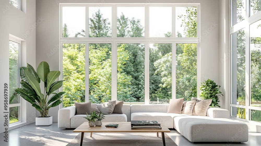 Bright and Cozy Contemporary Living Room with Large Windows Overlooking Lush Green Landscape Bright and Cozy Contemporary Living Room with Large Windows Overlooking Lush Green Landscape
