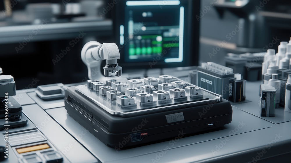 In a smart digital factory, a robotic arm skillfully crafts advanced steel components for the automotive industry utilizing precise CNC machining techniques In a smart digital factory, a robotic arm skillfully crafts advanced steel components for the automotive industry utilizing precise CNC machining techniques