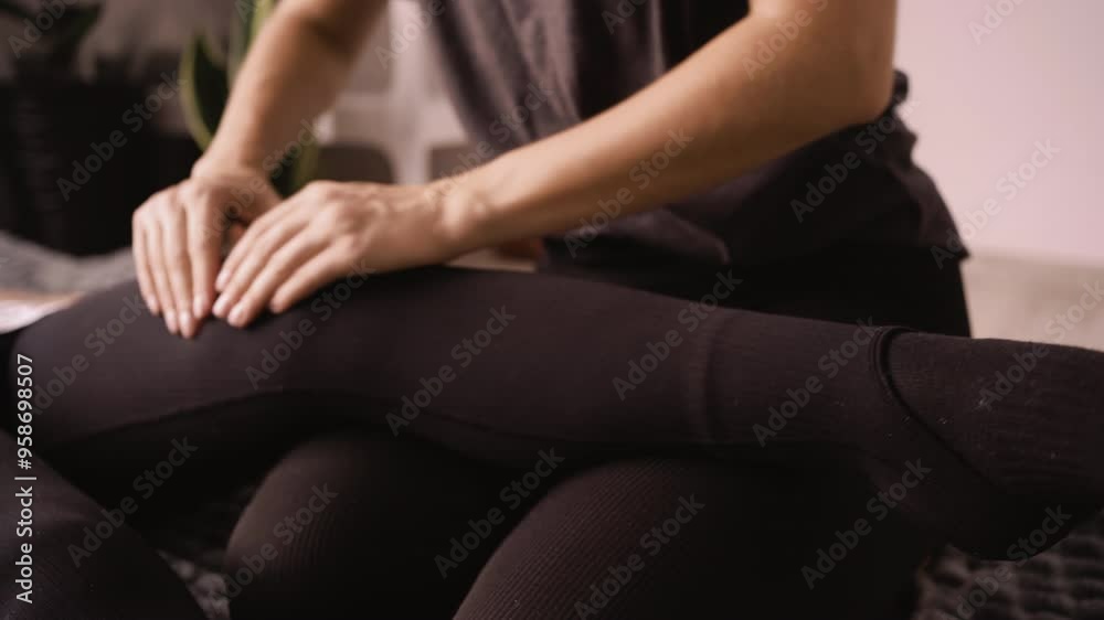 Masseuse doing shiatsu massage to relax leg muscles of patient lying on floor at home Masseuse doing shiatsu massage to relax leg muscles of patient lying on floor at home