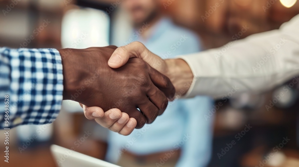Close-up of hands shaking between a business consultant and a client. Close-up of hands shaking between a business consultant and a client.