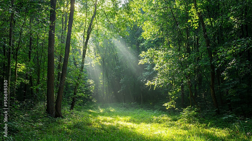 Captivating Verdant Forest Glade with Sunbeams Illuminating the Path