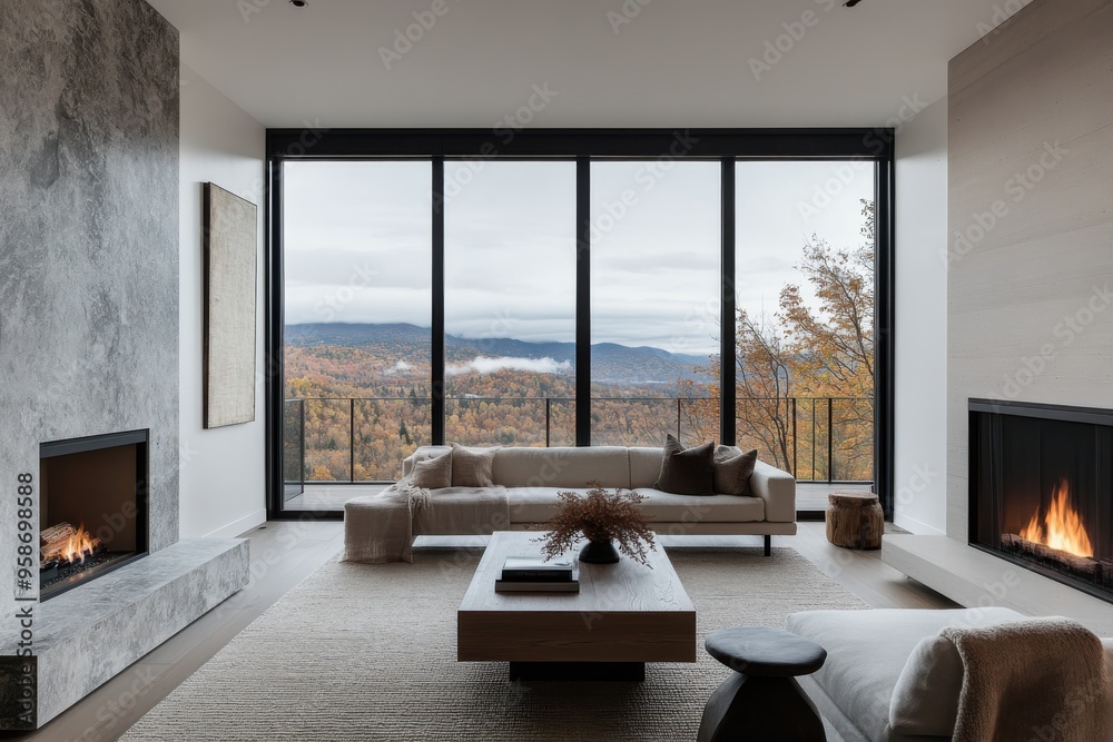 Fototapeta premium A minimalist living room featuring sleek furniture, a modern fireplace, and floor-to-ceiling windows that offer serene views of surrounding mountains, embodying simplicity and tranquility.