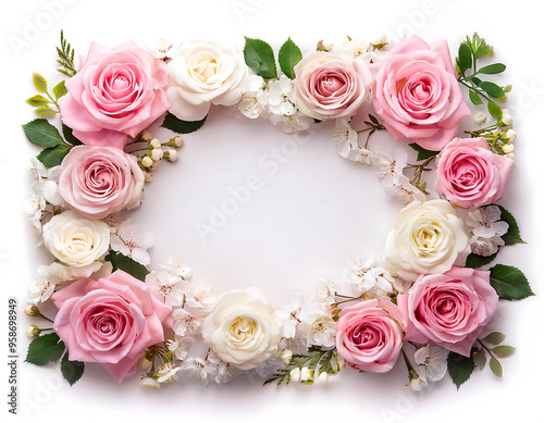  Flower Frame with Pink Roses and White Blossoms, Isolated- A beautifully arranged floral fr_1(75)