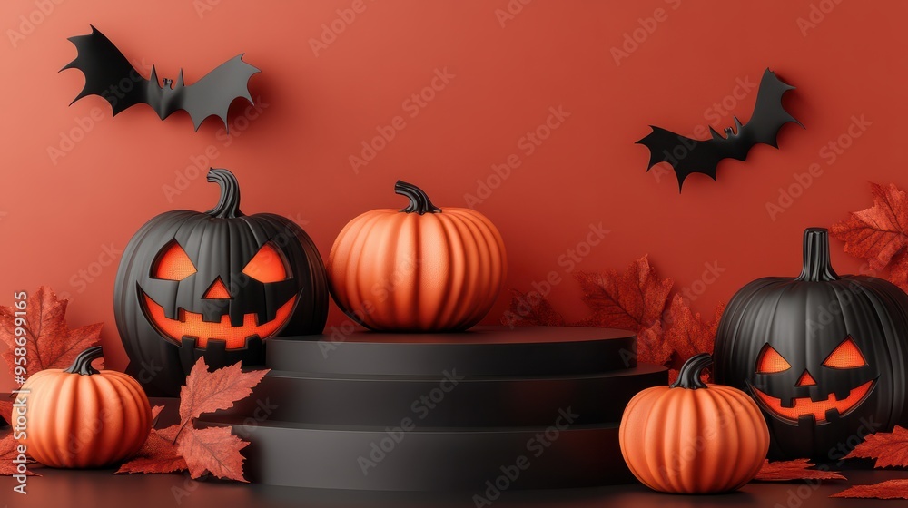 Halloween product display with pumpkins and empty minimal podium pedestal, 3D illustration, clean background Halloween product display with pumpkins and empty minimal podium pedestal, 3D illustration, clean background