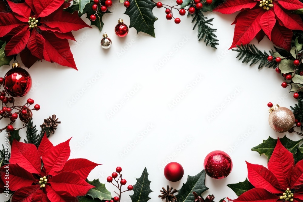 Festive Christmas Border with Poinsettia, Holly, and Ornaments Festive Christmas Border with Poinsettia, Holly, and Ornaments