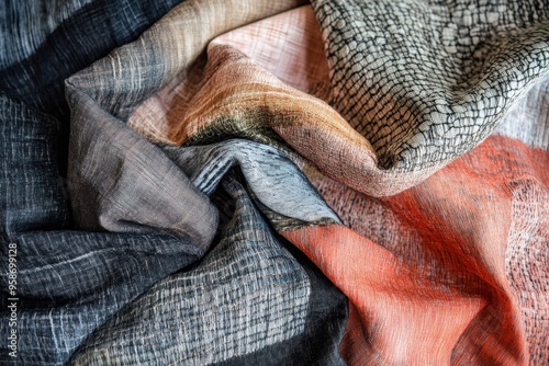 Abstract Textured Fabric with Black, Gray, Orange and White Patterns photo