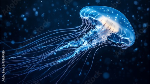 Radiant Glow Theme: Glowing jellyfish with long tentacles swimming in dark ocean. photo