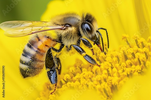 Closeup of Buzzing Bee Pollinating a Vibrant Yellow Flower in a Spring Garden