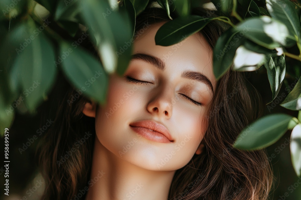 This is a picture of a beautiful fashion model enjoying nature, breathing in fresh air in a summer garden over the background of green leaves. Healthy beauty woman in an outdoor setting. This is a picture of a beautiful fashion model enjoying nature, breathing in fresh air in a summer garden over the background of green leaves. Healthy beauty woman in an outdoor setting.
