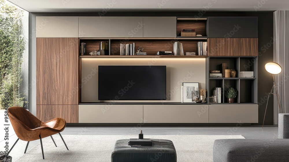 Fototapeta premium Media wall with a combination of open shelves and closed cabinets for storage and display.