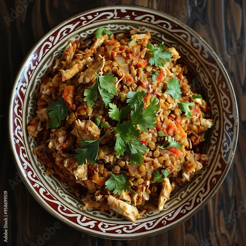 Rfissa: A dish made with shredded msemen bread, chicken, and lentils. photo