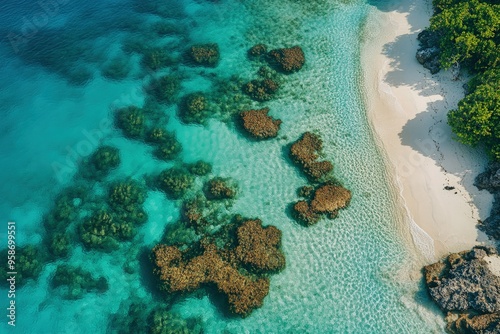 an aerial view of a beach with rocks and water