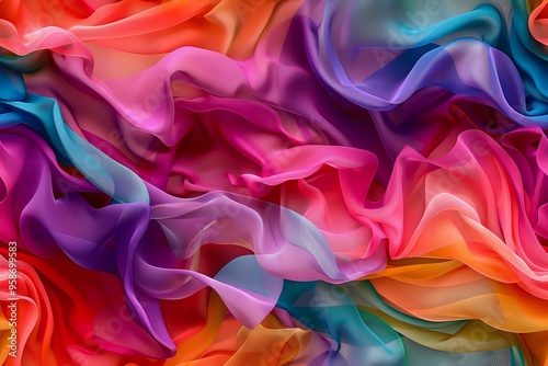 A vibrant and flowing multicolored chiffon fabric with soft, translucent waves, creating a dreamy and ethereal texture. Ideal for fashion design, textile backgrounds, or artistic projects.