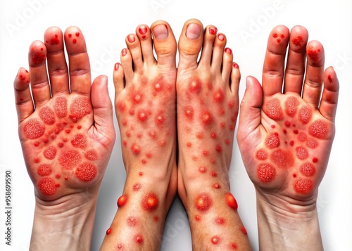 Red, itchy, and blistered skin on hands and feet, accompanied by painful mouth sores and fever, illustrate the photo