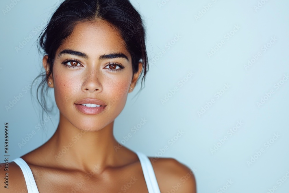 White background with brunette woman looking at camera White background with brunette woman looking at camera