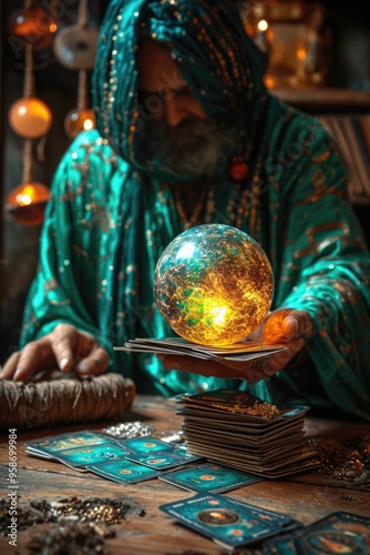 A photo of a mystical fortune teller reading crypto trends from tarot cards, blending mysticism and finance