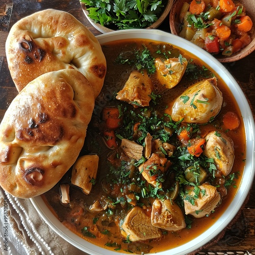 Rfissa medhoussa: Msemen bread with chicken stew. photo