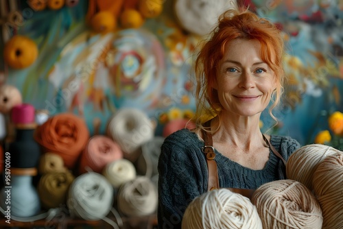 heerful woman with red hair holding soft yarn balls in various pastel colors, set against a cozy shop filled with yarn and flowers. Ideal for creative craft blogs, knitting projects, or small business photo