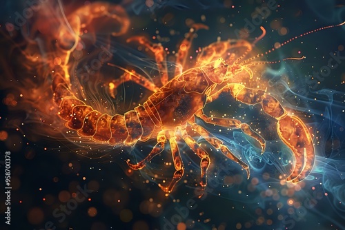 A dynamic, glowing digital illustration of a fiery scorpion with sparks and smoke surrounding it. Perfect for fantasy artwork, digital art projects, or zodiac-related designs.