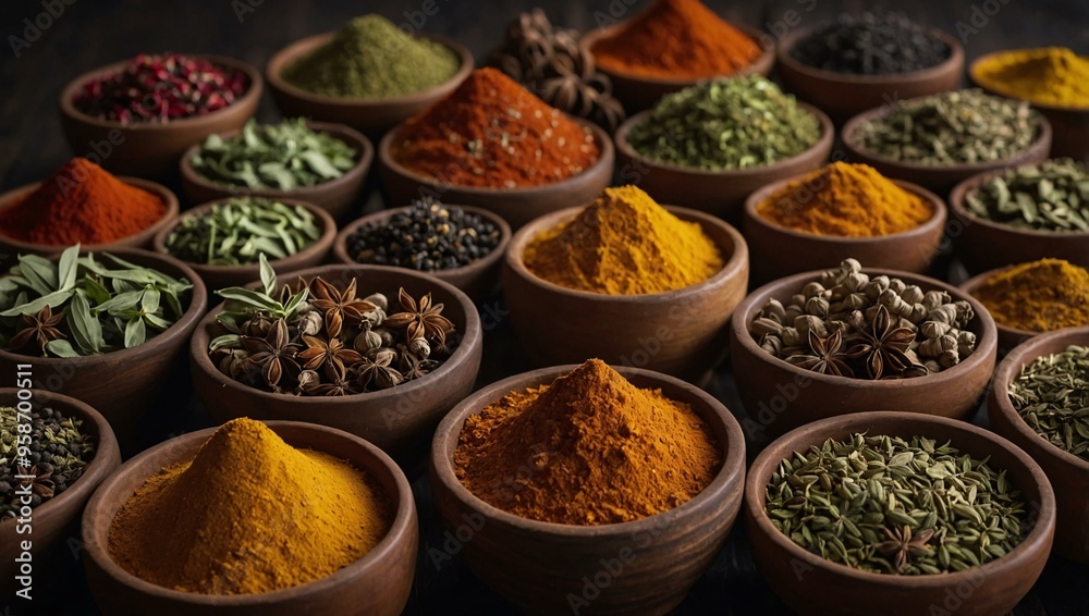 Spices and herbs displayed together. Spices and herbs displayed together.