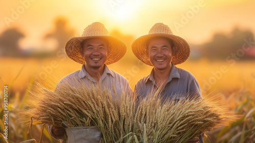 Two smiling farmers in straw hats hold harvested bundles of wheat in a field during sunset photo