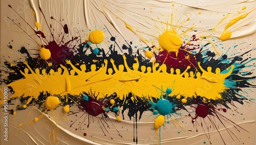 Against a vibrant Thai-inspired backdrop, splatters of bright golden yellow paint dynamically spread across the canvas, forming the silhouette of a lively crowd, with subtle hints of crimson and turqu photo